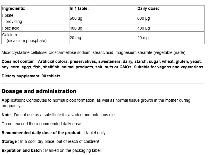 Natural Factors Folic Acid 400mcg-fisa nutrițională