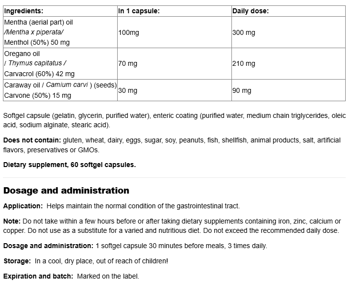 Natural Factors Peppermint Oil with Oregano and Caraway Seed Oils-fisa nutrițională