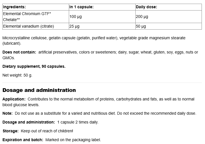 Natural Factors Chromium and Vanadium 125 mcg-fisa nutrițională