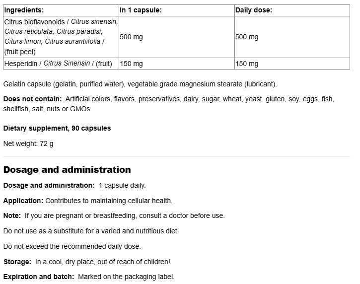 Natural Factors Citrus Bioflavonoids 650mg-fisa nutrițională