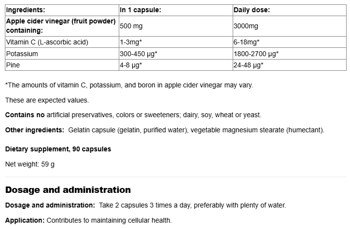 Natural Factors Fermented Apple Cider Vinegar 500mg-fisa nutrițională