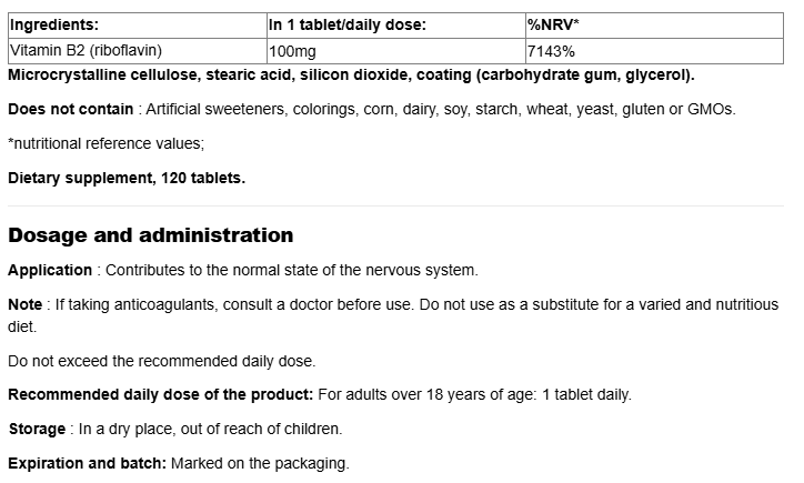 Webber Naturals Vitamin B2 (Riboflavin) 100mg-fisa nutrițională