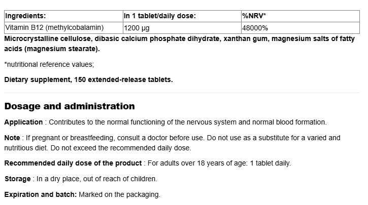 Webber Naturals Vitamin B12 1200 mcg Timed Release-fisa nutrițională