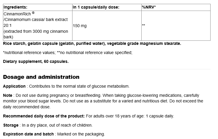 Webber Naturals Cinnamon 150mg-fisa nutrițională
