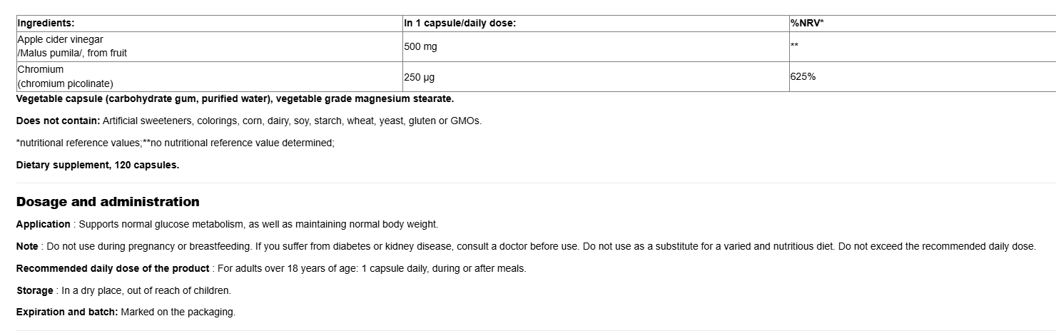 Webber Naturals Apple Cider Vinegar plus Chromium-fisa nutrițională