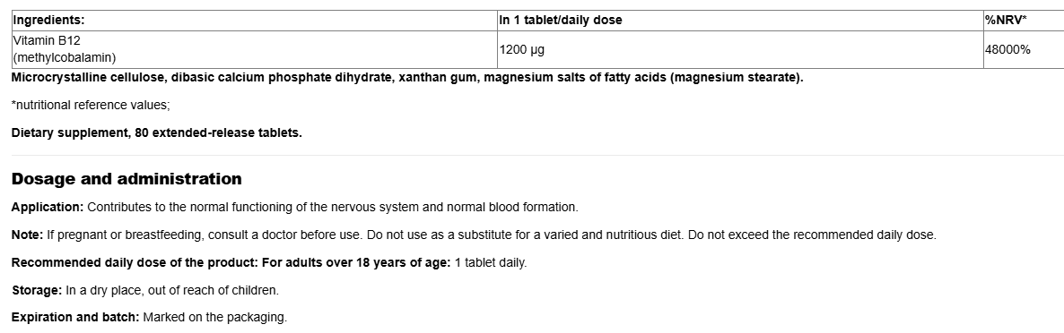 Webber Naturals Vitamin B12 1200 mcg Timed Release-fisa nutrițională