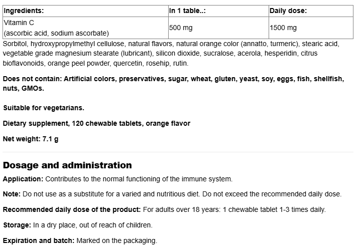 Webber Naturals Chewable Vitamin C 500mg-fisa nutrițională
