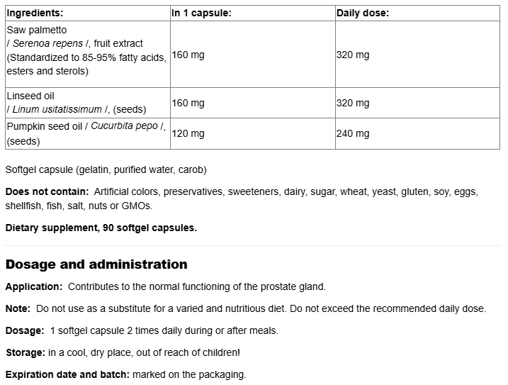Webber Naturals Saw Palmetto 160mg with Flaxseed and Pumpkin Oils-fisa nutrițională