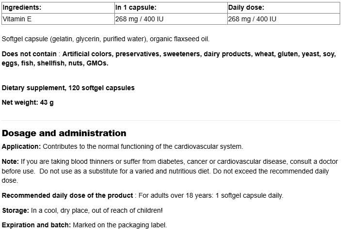 Webber Naturals Vitamin E 400 iu-fisa nutrițională