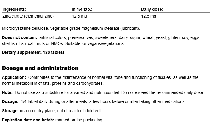 Webber Naturals Zinc Citrate 50mg-fisa nutrițională