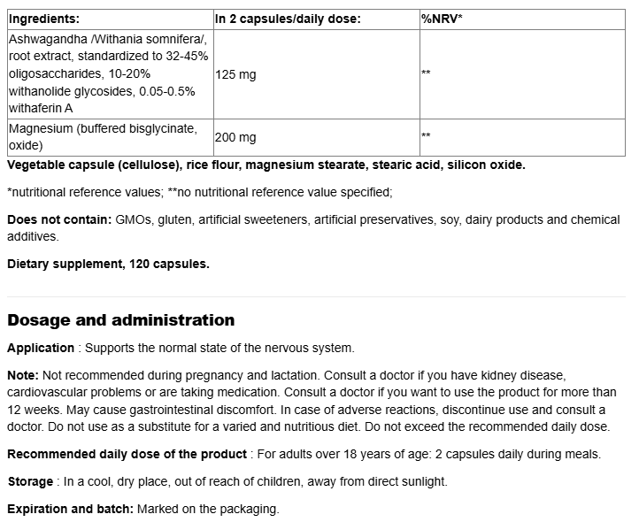 Webber Naturals Ashwagandha + Magnesium-fisa nutrițională