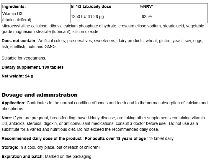 Webber Naturals Vitamin D3 2500 IU Extra Strength-fisa nutrițională