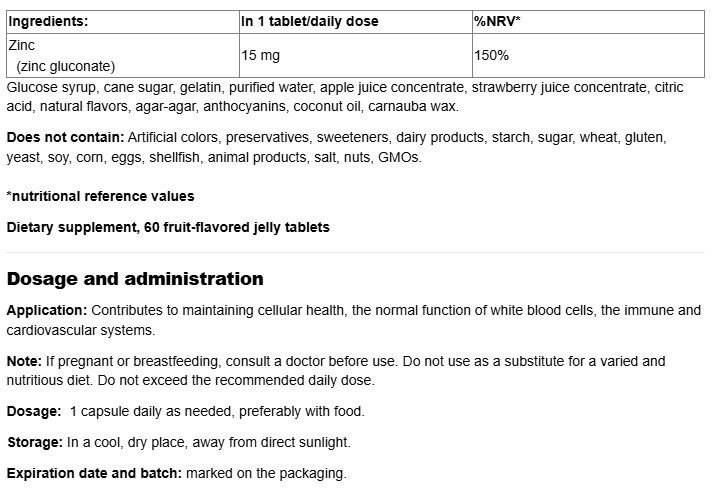 Webber Naturals Zinc 15mg Gummies-fisa nutrițională