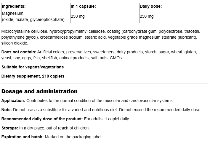 Webber Naturals Magnesium 250mg-fisa nutrițională