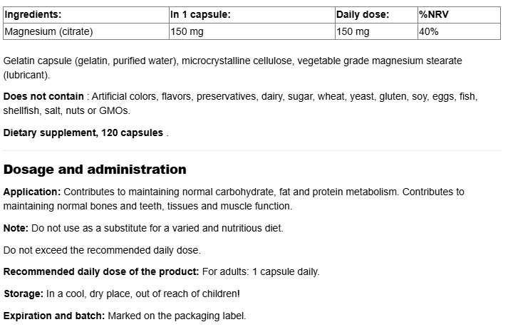 Webber Naturals Magnesium Citrate 150mg High Absorption-fisa nutrițională