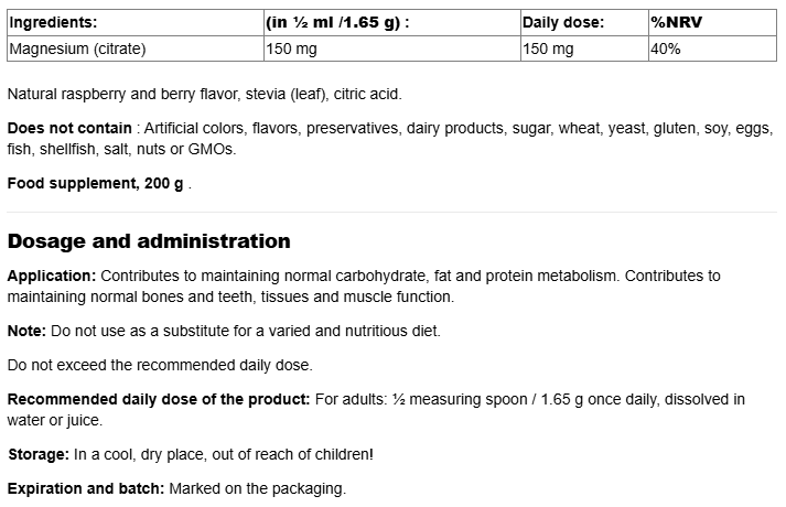 Webber Naturals Magnesium Citrate Powder 300mg High Absorption-fisa nutrițională