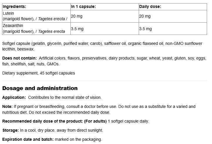 Webber Naturals Lutein 20mg with 3.5mg Zeaxanthin Extra Strength-fisa nutrițională