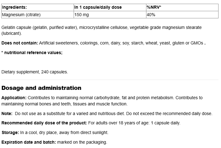 Webber Naturals Magnesium Citrate 150mg High Absorption-fisa nutrițională