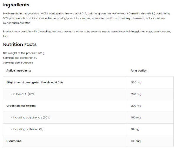OstroVit CLA + Green Tea + L-Carnitine 90 Capsules / 90 Doses-factsheets