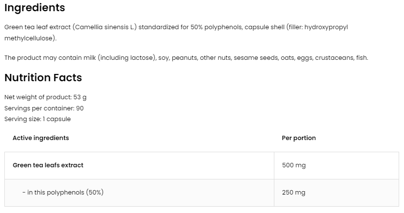 OstroVit Green Tea 500 mg / Vege-factsheets