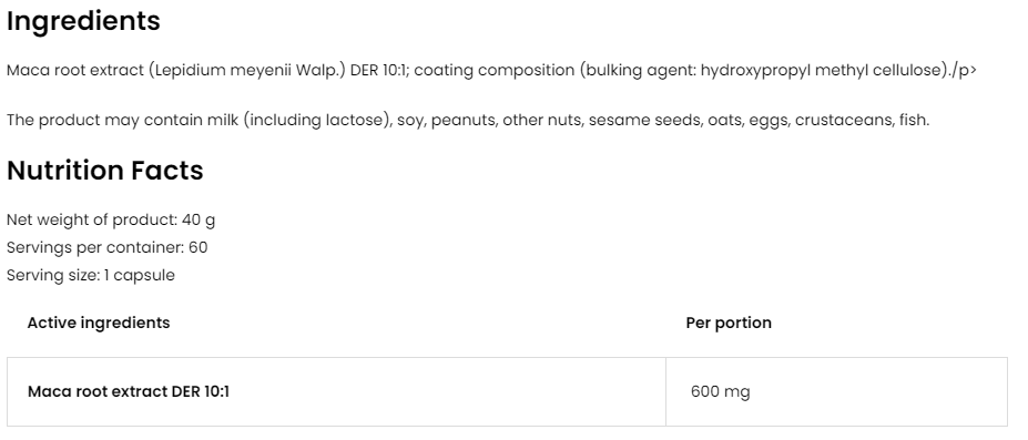 OstroVit Maca 600 mg / Vege-factsheets