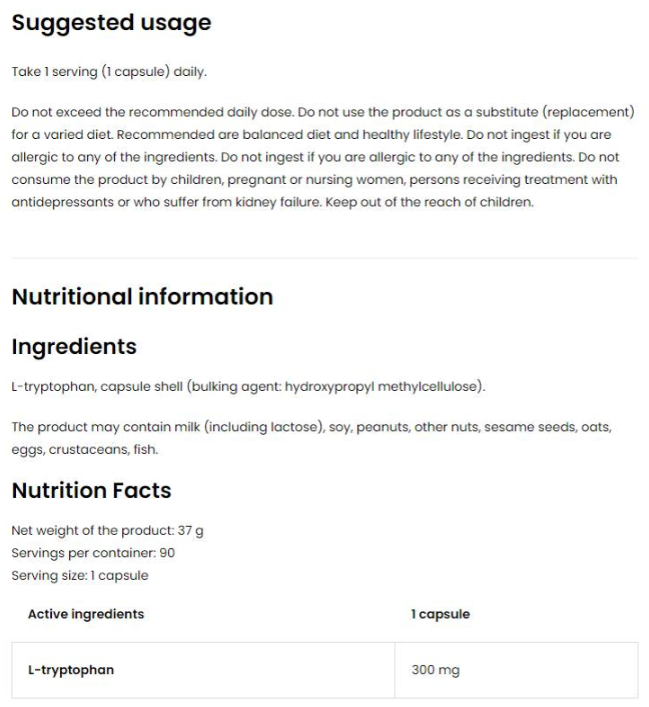 OstroVit Tryptophan 300 mg / Vege-factsheets