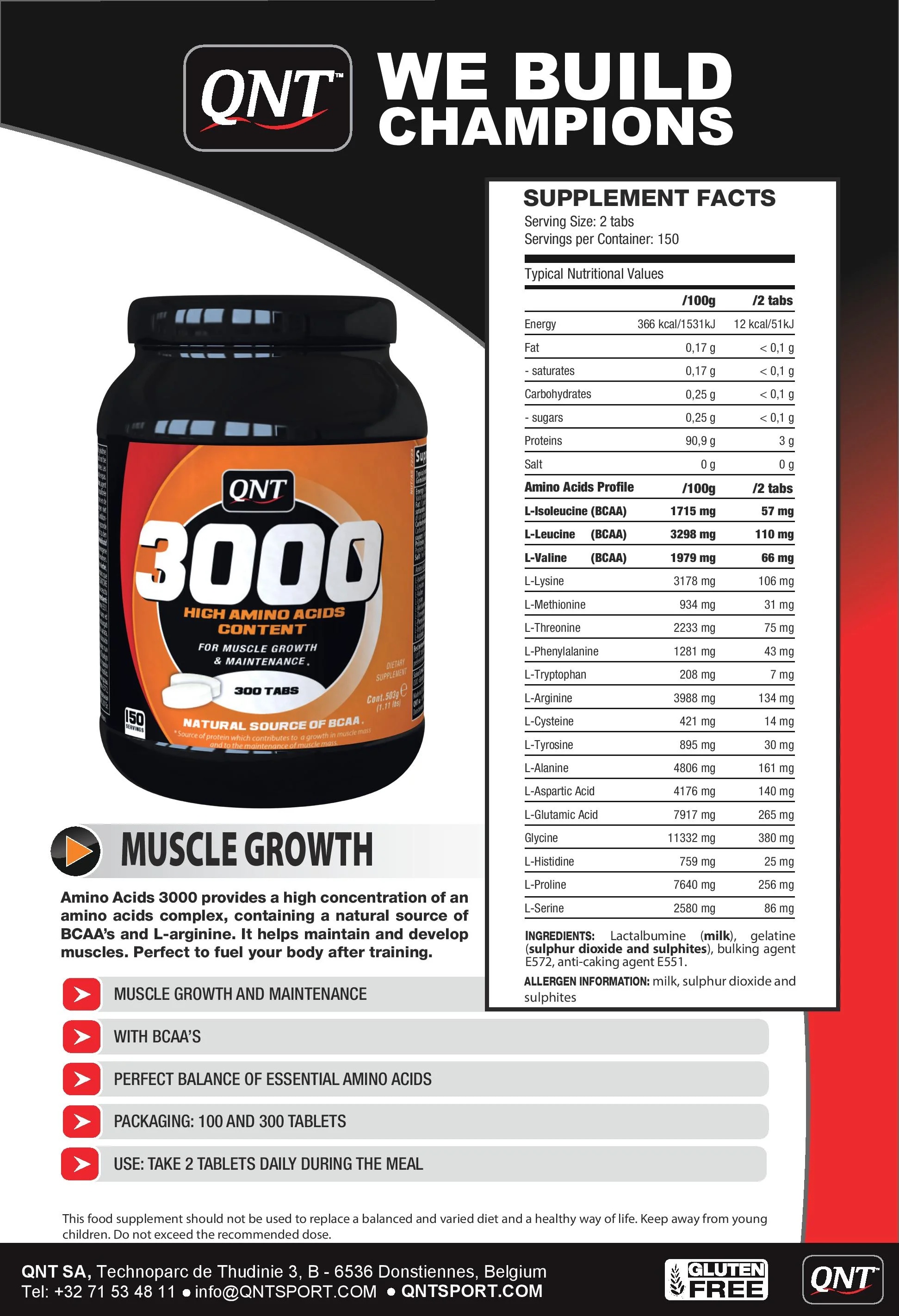 QNT Sport Nutrition Amino 3000 100 tablets-factsheets