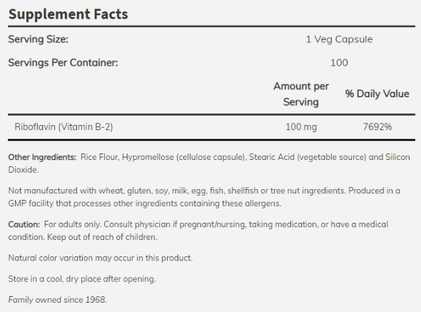 NOW Vitamin B-2 / Riboflavin 100 mg-factsheets