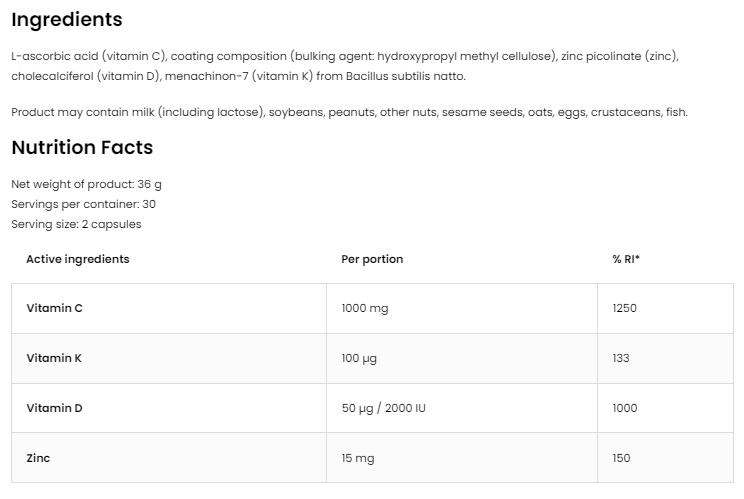 OstroVit VITAMIN D3 2000 + K2 + VITAMIN C + ZINC-factsheets