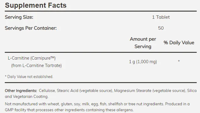 NOW L-Carnitine 1000 mg - 50 tablets-factsheets