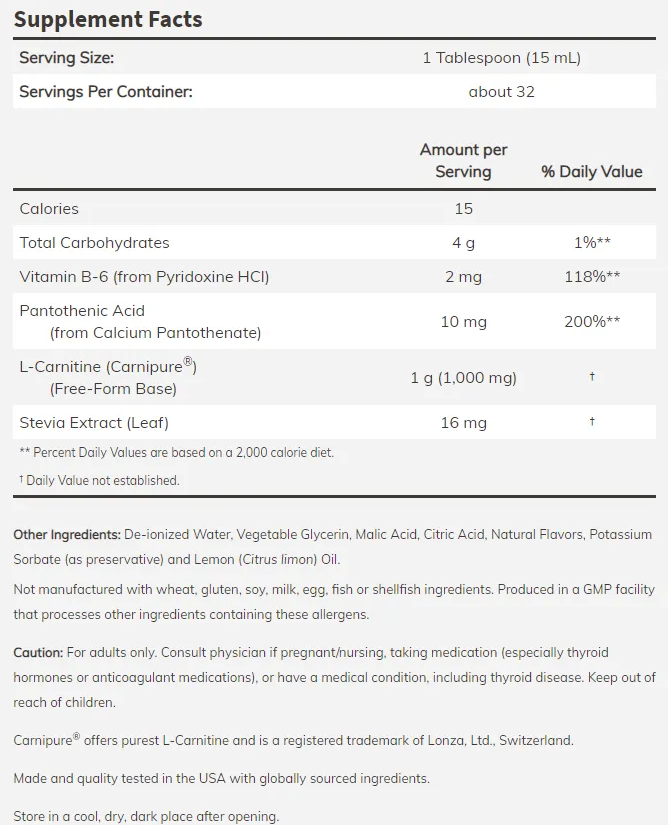 NOW L-Carnitine Liquid - Citrus - 1000 mg-factsheets