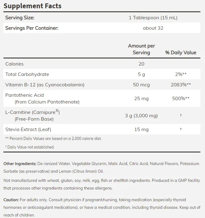 NOW L-Carnitine Liquid 3000 465 ml-factsheets