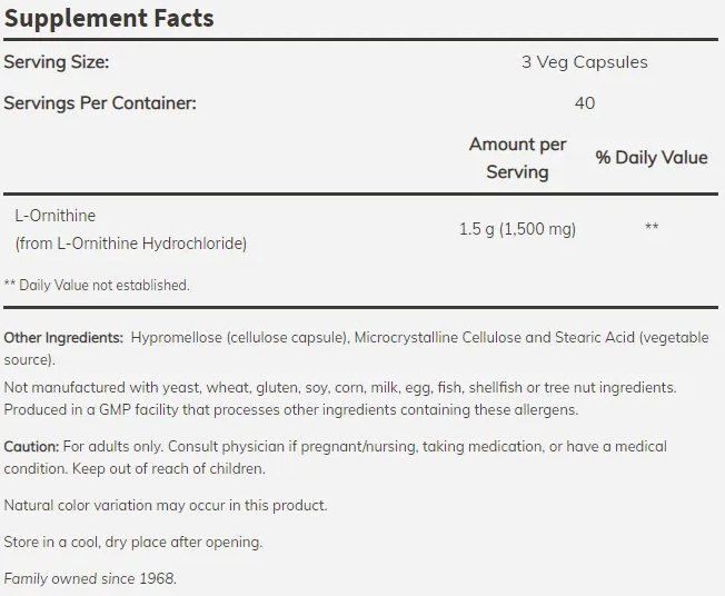 NOW L-Ornithine 500 mg / 60 capsules-factsheets