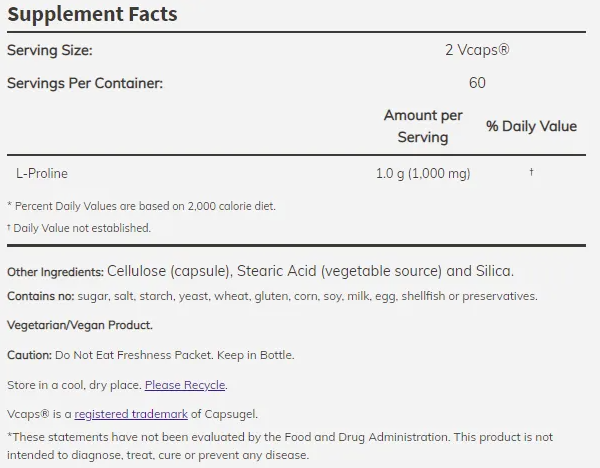 NOW L-Proline 500 mg-factsheets