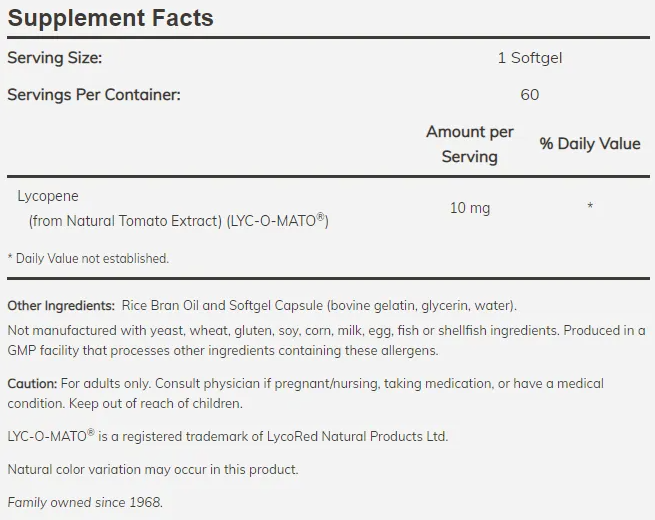 NOW LYCOPENE 10 mg - 120 softgels-factsheets