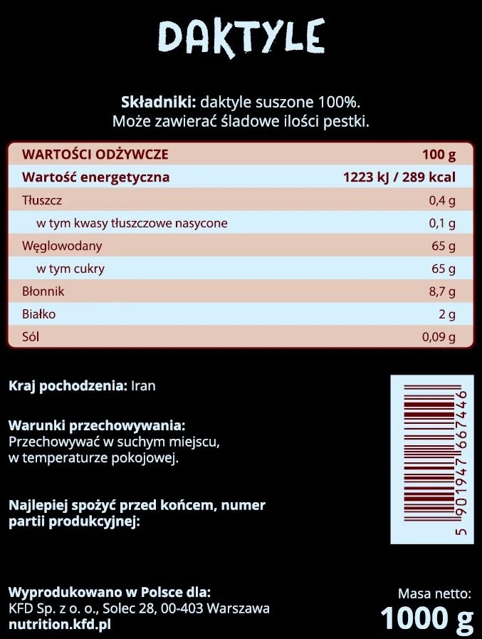 KFD Nutrition Dried Dates - 1000 gr-factsheets