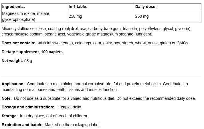 Webber Naturals Magnesium 250mg-fisa nutrițională