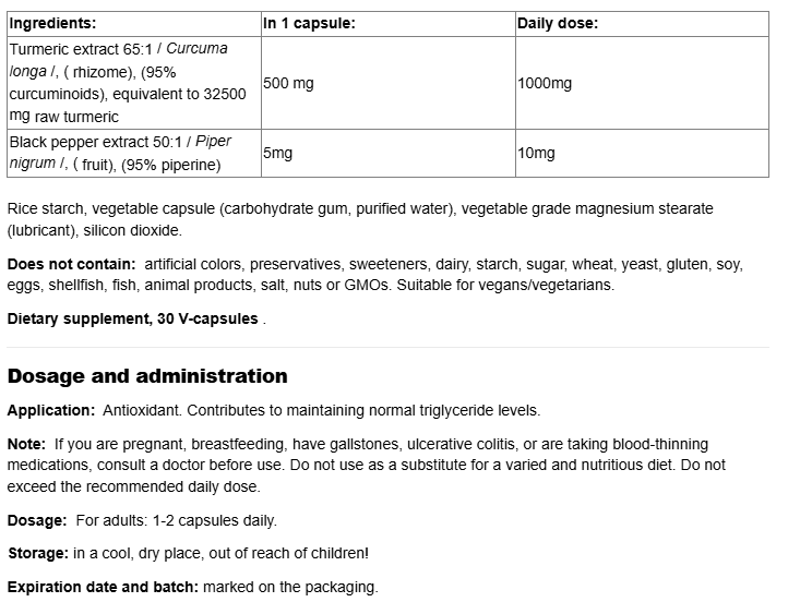 Webber Naturals Turmeric Curcumin and Black Pepper Ultra Strength-fisa nutrițională