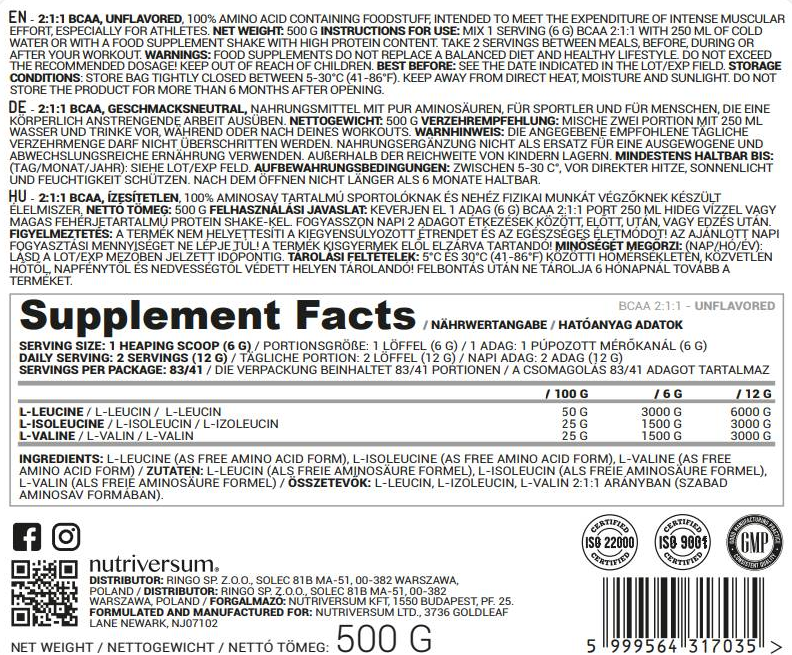 Nutriversum BCAA 2:1:1 Powder-factsheets