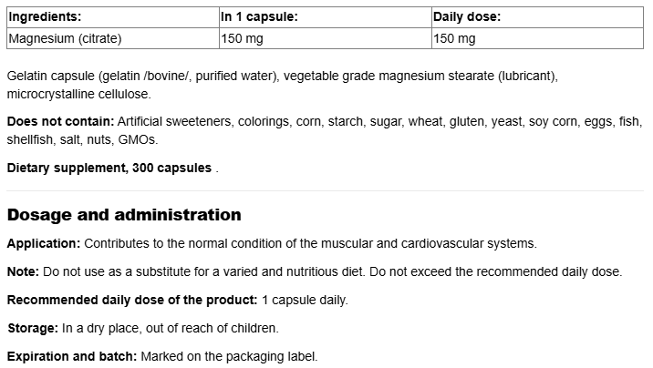 Webber Naturals Magnesium Citrate 150mg High Absorption-fisa nutrițională