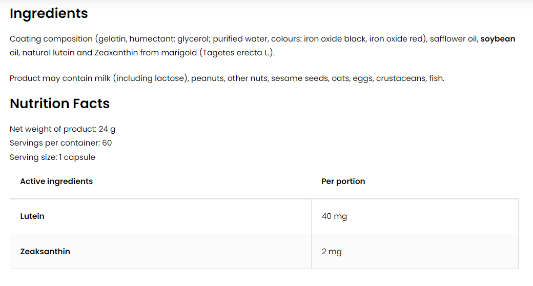 OstroVit Lutein 40 mg Forte with Zeaxanthin 2 mg-factsheets