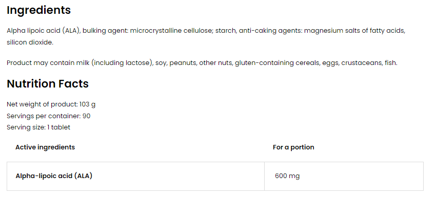 OstroVit Vege ALA - Alpha Lipoic Acid 600 mg-factsheets