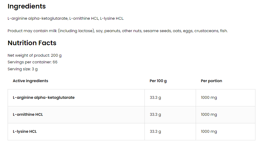 OstroVit Pure AOL - L-Arginine L-Ornitine L-Lysine Powder-factsheets