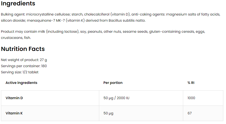 OstroVit Pharma Elite Vitamin D3 4000 + K2 MK-7 100 mcg-factsheets