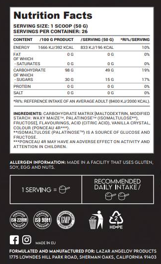 Lazar Angelov Nutrition LA King Carb | 4 Type Carb Matrix-fisa nutrițională