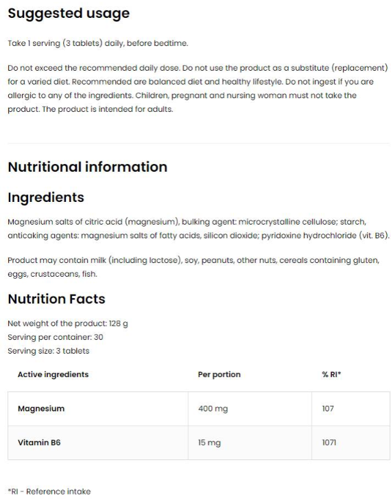 OstroVit Magnesium Citrate 133 mg + B6-factsheets