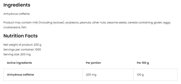 OstroVit Caffeine powder 200g-factsheets