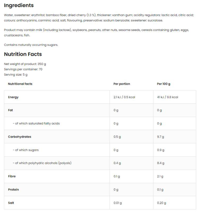 OstroVit Zero Calorie Cherry Flavored Sauce | Vegan Friendly-factsheets