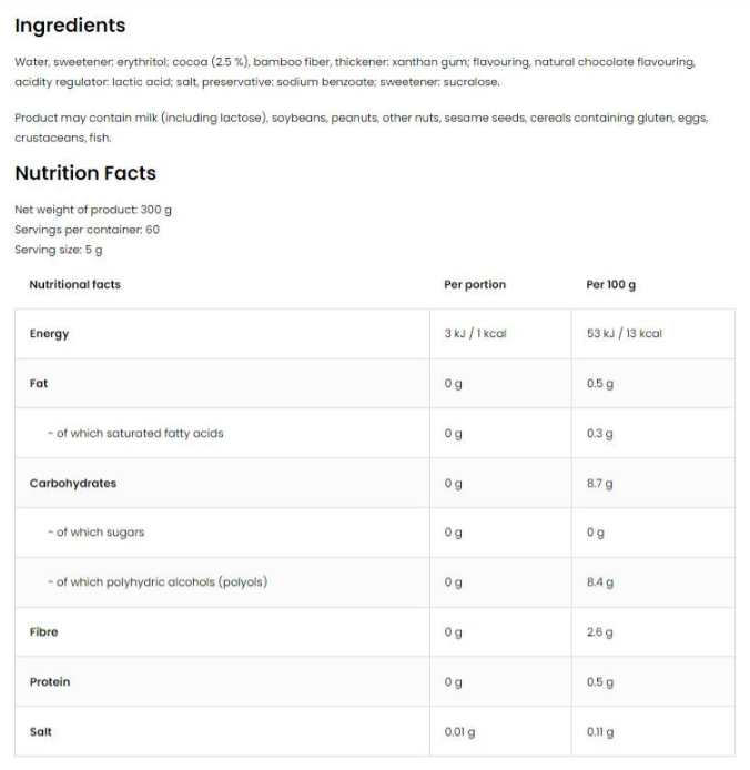 OstroVit Zero Calorie Chocolate & Hazelnut Flavored Sauce | Vegan Friendly-factsheets