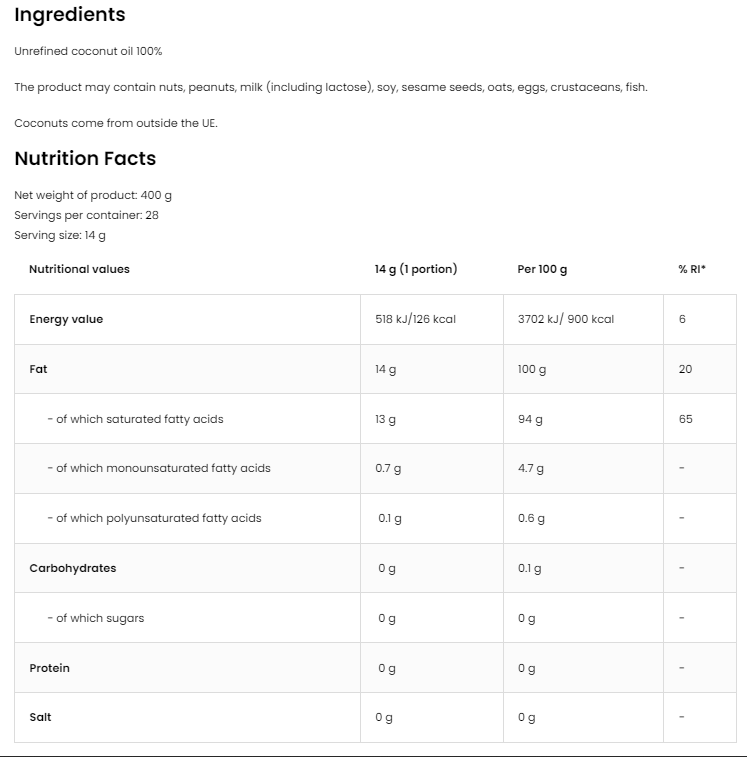 OstroVit Coconut Oil Extra Virgin-factsheets